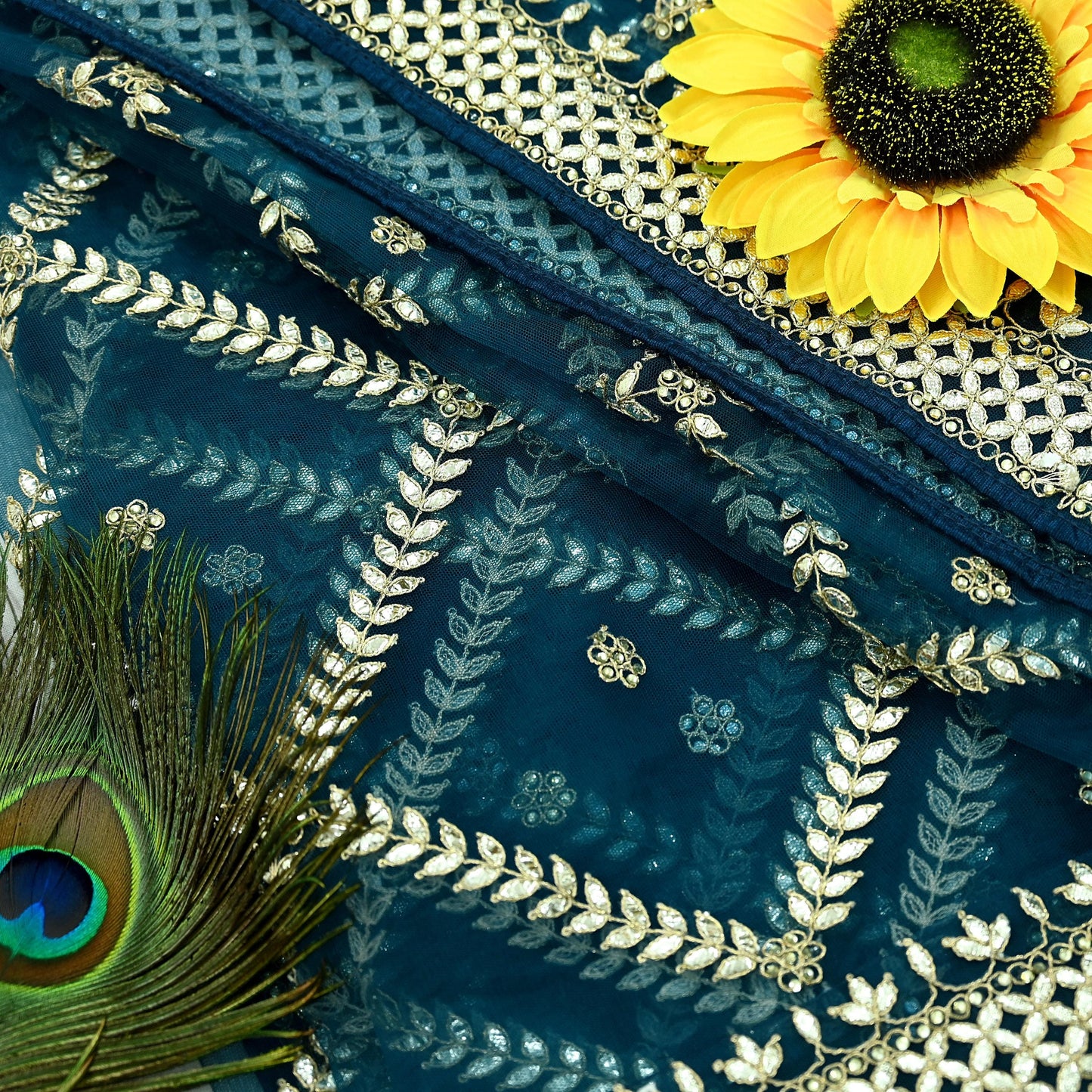 Indian Pre-owned Heavy Dupatta Blue Net Long Stole Hand Embroidered By Designer Abu Jani Scarves Bridal Veil