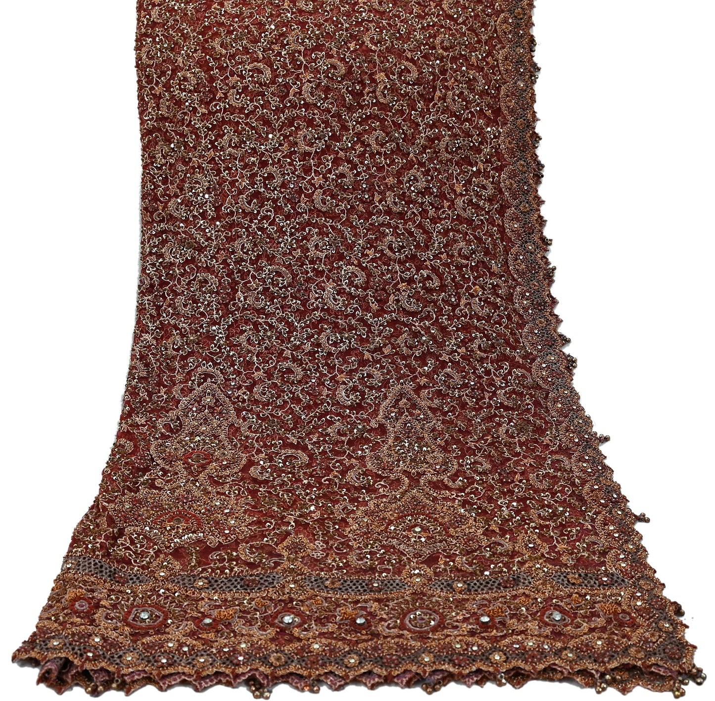 Indian Vintage Heavy Wedding Maroon Dupatta Net Mesh Long Stole Hand Embroidered Scarves Golden Zardozi Zari Sequins Dridal Veil Hijab