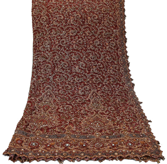 Indian Vintage Heavy Wedding Maroon Dupatta Net Mesh Long Stole Hand Embroidered Scarves Golden Zardozi Zari Sequins Dridal Veil Hijab