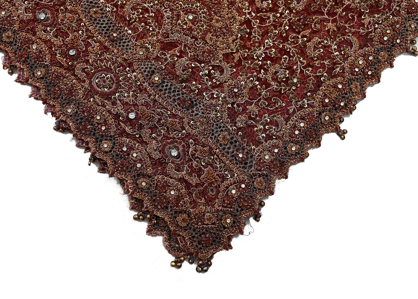 Indian Vintage Heavy Wedding Maroon Dupatta Net Mesh Long Stole Hand Embroidered Scarves Golden Zardozi Zari Sequins Dridal Veil Hijab