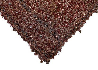 Indian Vintage Heavy Wedding Maroon Dupatta Net Mesh Long Stole Hand Embroidered Scarves Golden Zardozi Zari Sequins Dridal Veil Hijab