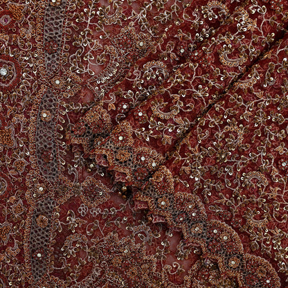 Indian Vintage Heavy Wedding Maroon Dupatta Net Mesh Long Stole Hand Embroidered Scarves Golden Zardozi Zari Sequins Dridal Veil Hijab