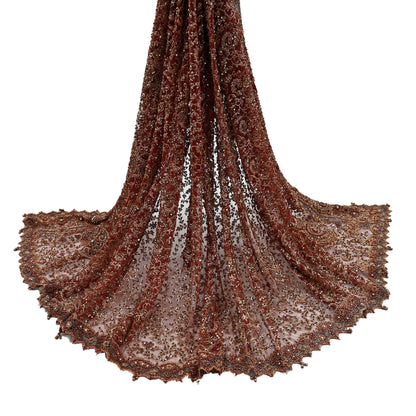 Indian Vintage Heavy Wedding Maroon Dupatta Net Mesh Long Stole Hand Embroidered Scarves Golden Zardozi Zari Sequins Dridal Veil Hijab