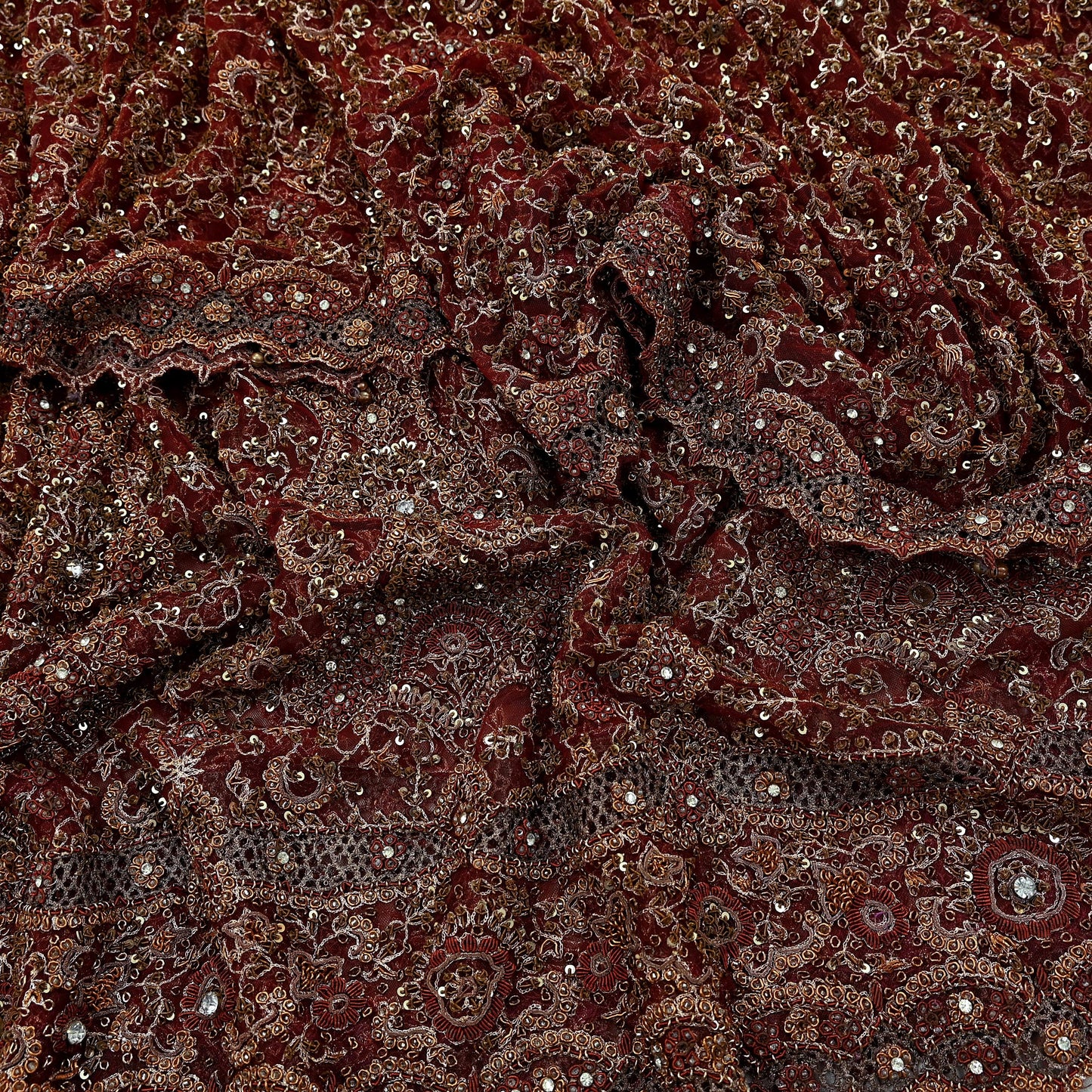 Indian Vintage Heavy Wedding Maroon Dupatta Net Mesh Long Stole Hand Embroidered Scarves Golden Zardozi Zari Sequins Dridal Veil Hijab