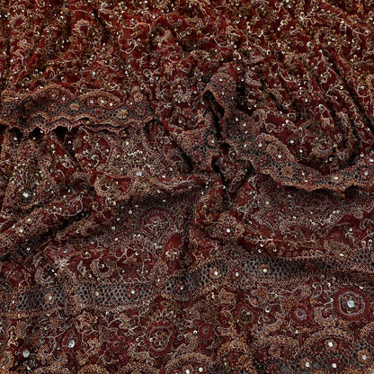 Indian Vintage Heavy Wedding Maroon Dupatta Net Mesh Long Stole Hand Embroidered Scarves Golden Zardozi Zari Sequins Dridal Veil Hijab