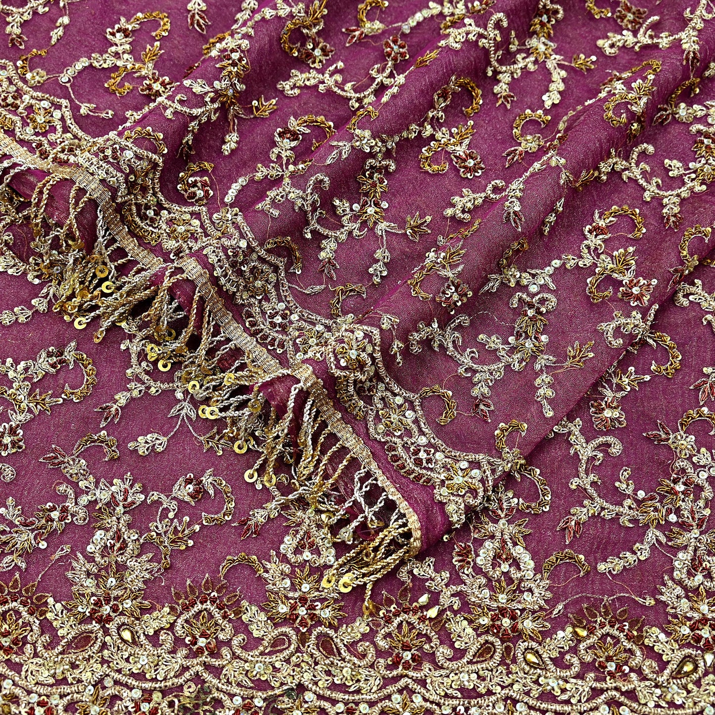 Indian Vintage Heavy Purple Dupatta Net Mesh Long Stole Hand Embroidered Scarves Golden Zardozi Dabka Zari  Bridal/Wedding Veil