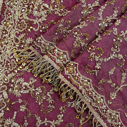 Indian Vintage Heavy Purple Dupatta Net Mesh Long Stole Hand Embroidered Scarves Golden Zardozi Dabka Zari  Bridal/Wedding Veil