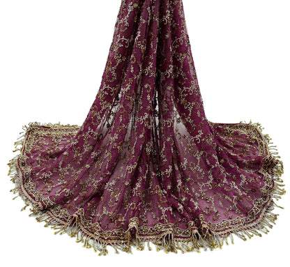 Indian Vintage Heavy Purple Dupatta Net Mesh Long Stole Hand Embroidered Scarves Golden Zardozi Dabka Zari  Bridal/Wedding Veil