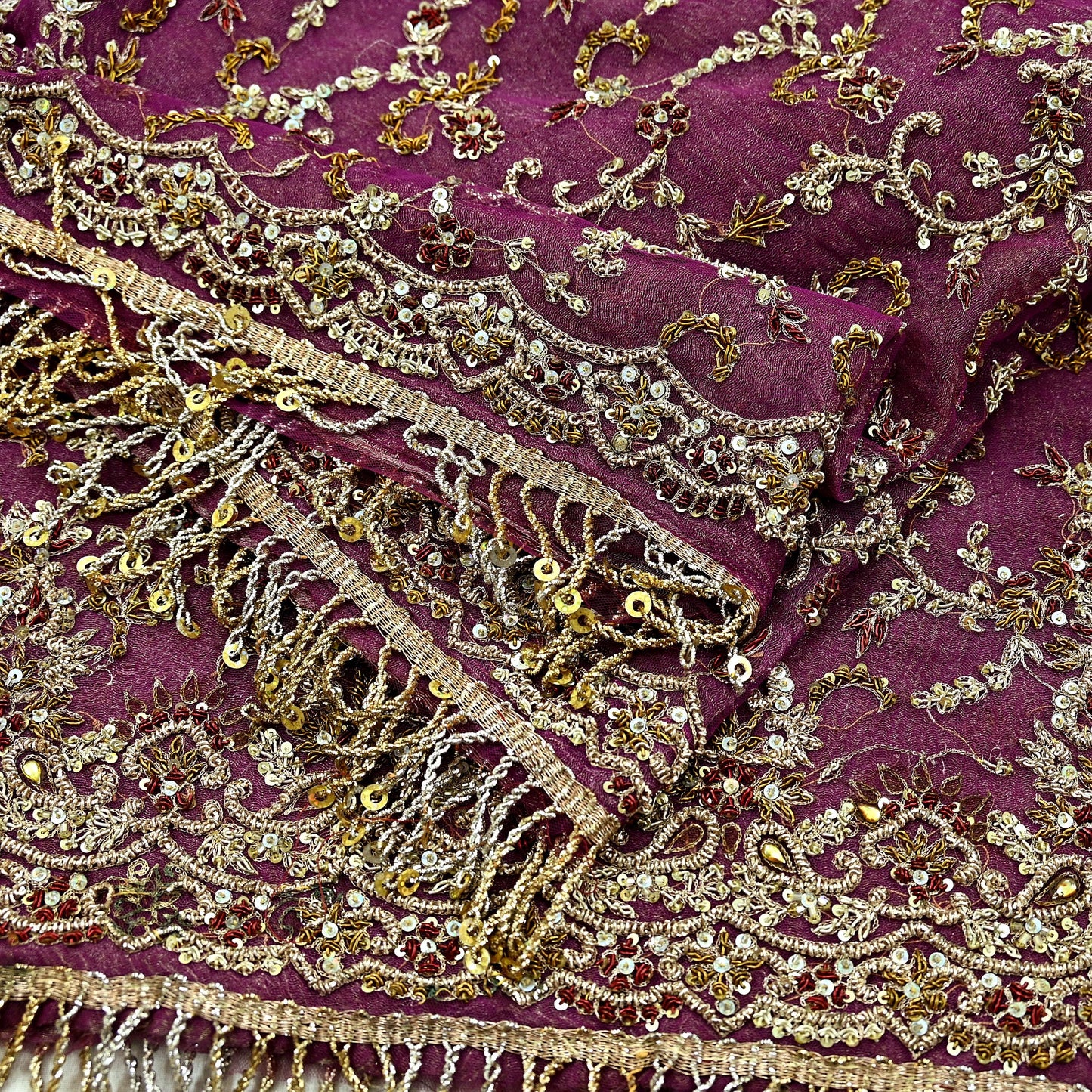 Indian Vintage Heavy Purple Dupatta Net Mesh Long Stole Hand Embroidered Scarves Golden Zardozi Dabka Zari  Bridal/Wedding Veil