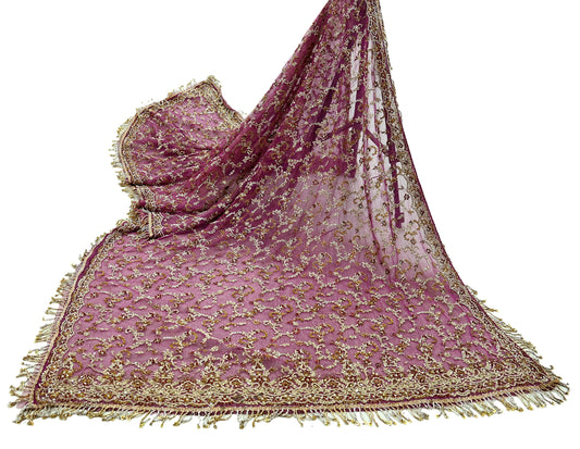 Indian Vintage Heavy Purple Dupatta Net Mesh Long Stole Hand Embroidered Scarves Golden Zardozi Dabka Zari  Bridal/Wedding Veil