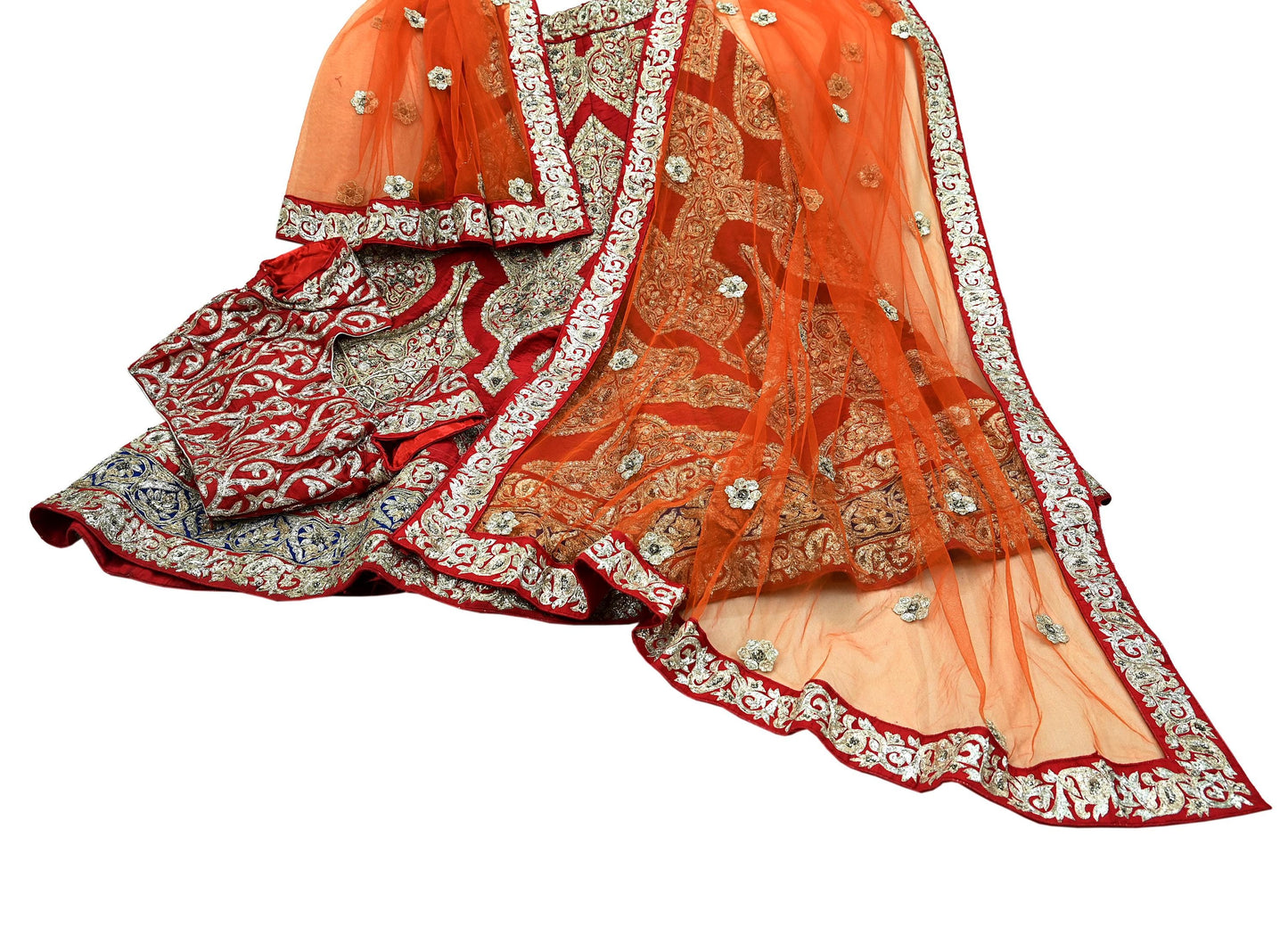 Indian Pre-owned Heavy Red & Orange Pure Chanderi Silk/Net Hand Embroidered Lehenga 3pcs Set By Designer Sabyasachi Bridal Wear With Blouse