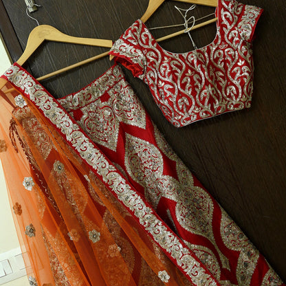 Indian Pre-owned Heavy Red & Orange Pure Chanderi Silk/Net Hand Embroidered Lehenga 3pcs Set By Designer Sabyasachi Bridal Wear With Blouse