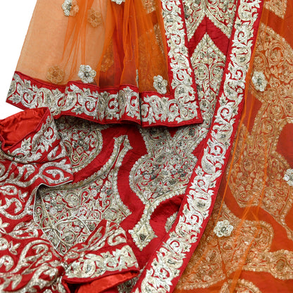 Indian Pre-owned Heavy Red & Orange Pure Chanderi Silk/Net Hand Embroidered Lehenga 3pcs Set By Designer Sabyasachi Bridal Wear With Blouse