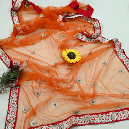 Indian Pre-owned Heavy Wedding Dupatta Orange Net Long Stole Hand Embroidered By Designer Sabyasachi Scarves Zardozi Bridal Veil