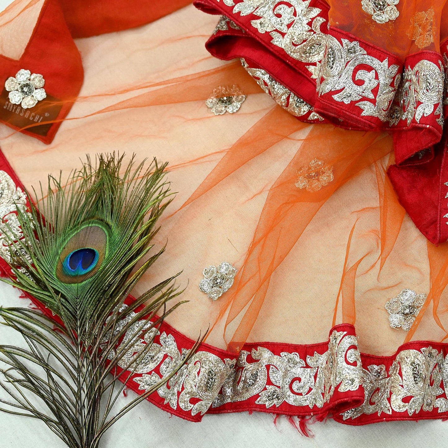 Indian Pre-owned Heavy Wedding Dupatta Orange Net Long Stole Hand Embroidered By Designer Sabyasachi Scarves Zardozi Bridal Veil