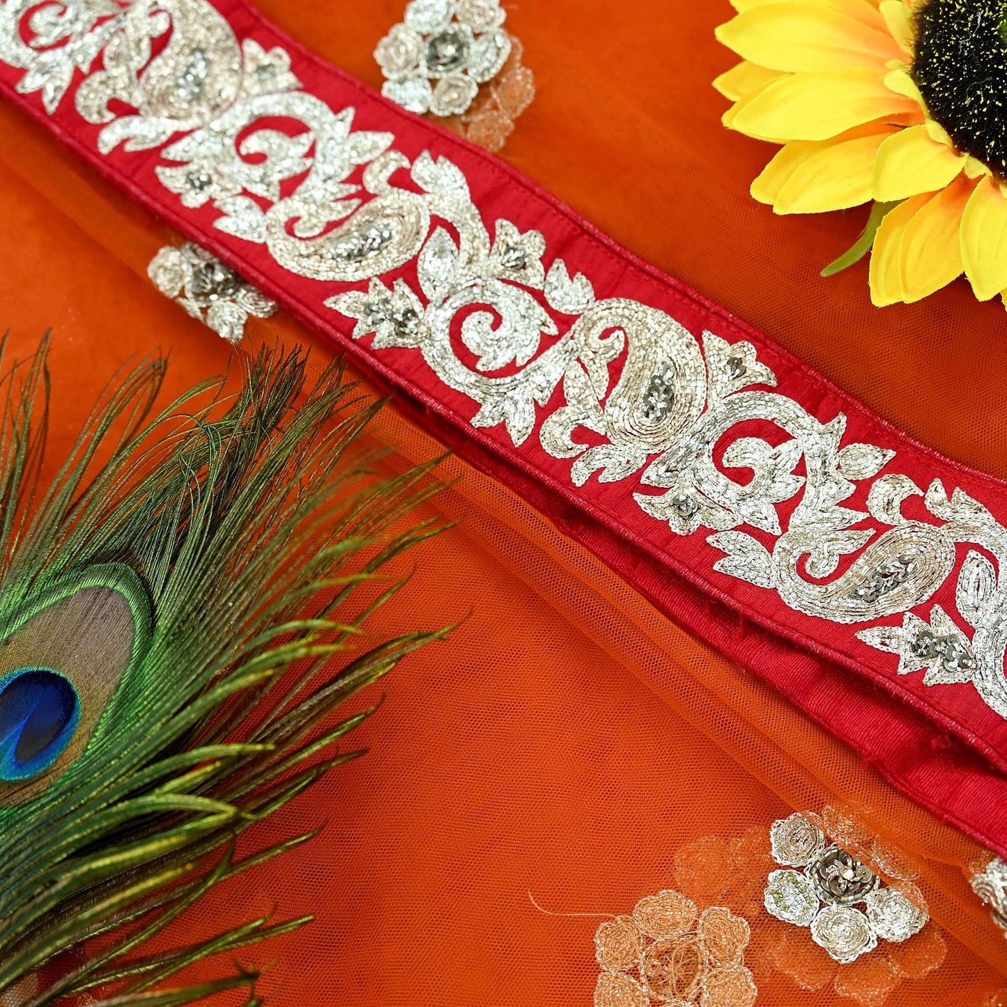 Indian Pre-owned Heavy Wedding Dupatta Orange Net Long Stole Hand Embroidered By Designer Sabyasachi Scarves Zardozi Bridal Veil