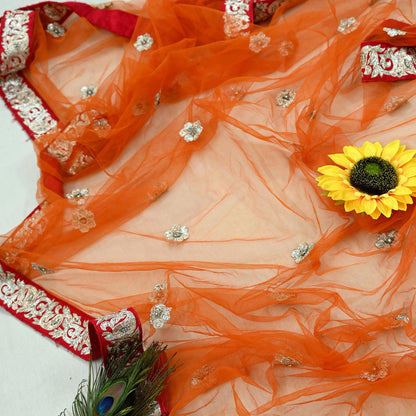 Indian Pre-owned Heavy Wedding Dupatta Orange Net Long Stole Hand Embroidered By Designer Sabyasachi Scarves Zardozi Bridal Veil