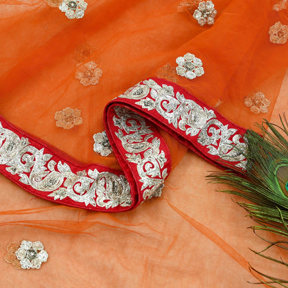 Indian Pre-owned Heavy Wedding Dupatta Orange Net Long Stole Hand Embroidered By Designer Sabyasachi Scarves Zardozi Bridal Veil