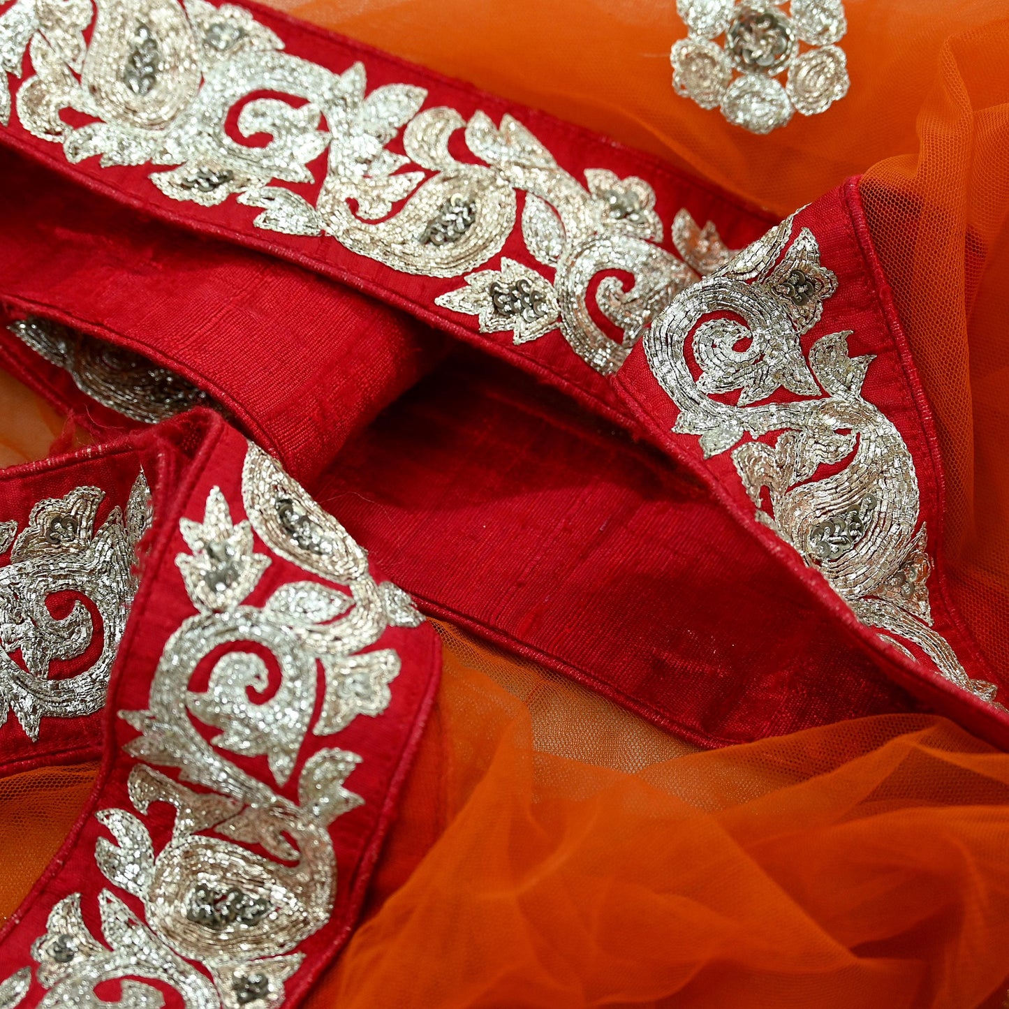 Indian Pre-owned Heavy Wedding Dupatta Orange Net Long Stole Hand Embroidered By Designer Sabyasachi Scarves Zardozi Bridal Veil