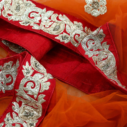 Indian Pre-owned Heavy Wedding Dupatta Orange Net Long Stole Hand Embroidered By Designer Sabyasachi Scarves Zardozi Bridal Veil