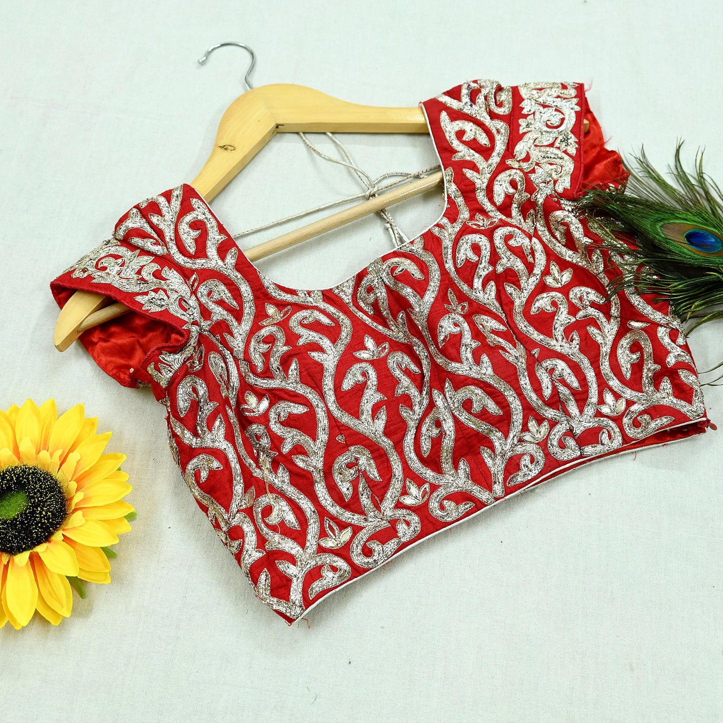 Indian Pre-owned Heavy Red Hand Embroidered By Designer Sabyasachi Padded Blouse/Top/Crop M Size Party wear Bollywood