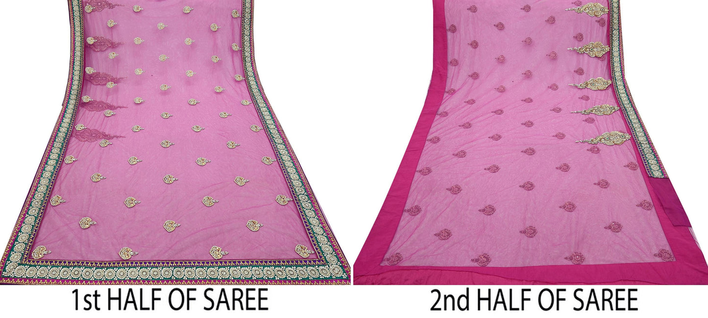 Indian Vintage Heavy Sari Purple Net/Mesh Embroidered Sarees Fabric 6Yd Sewing Soft Green Sequins Floral Zari Bridal/wedding Saris