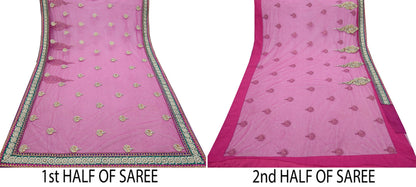Indian Vintage Heavy Sari Purple Net/Mesh Embroidered Sarees Fabric 6Yd Sewing Soft Green Sequins Floral Zari Bridal/wedding Saris