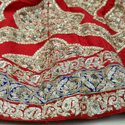 Indian Pre-owned Red Heavy Wedding Pure chhanderi Silk Hand Embroidered Lehenga/Skirt Designer By Sabyasachi Zardozi Bridal Wear