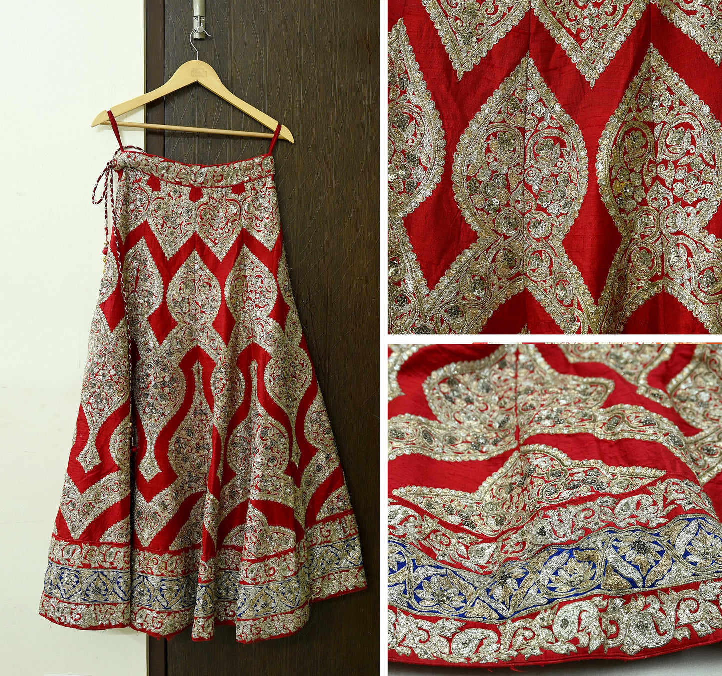 Indian Pre-owned Red Heavy Wedding Pure chhanderi Silk Hand Embroidered Lehenga/Skirt Designer By Sabyasachi Zardozi Bridal Wear
