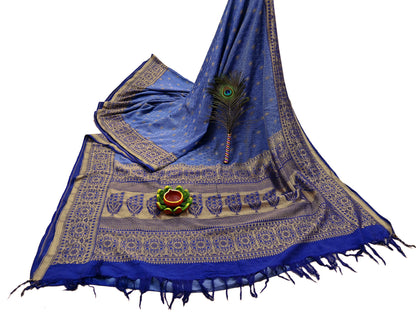 Indian Vintage Heavy Blue Saree Pure Silk Hand Woven Sari Craft Fabric 5Yd Sewing Soft Ethnic Zari Dress Making Wedding Sari
