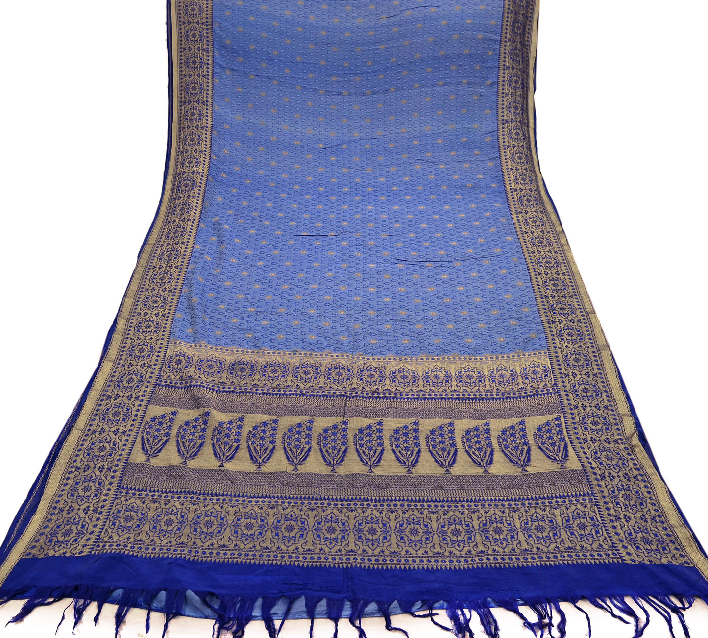 Indian Vintage Heavy Blue Saree Pure Silk Hand Woven Sari Craft Fabric 5Yd Sewing Soft Ethnic Zari Dress Making Wedding Sari