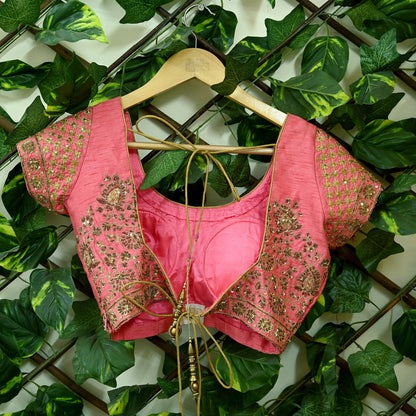 Indian Pre-owned Green & Pink Pure Chanderi Silk Hand Embroidered By Designer Abu Jani Padded Blouse/Top/Crop M Size Party wear Bollywood