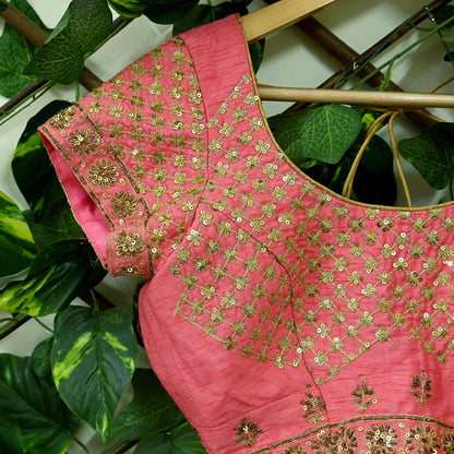 Indian Pre-owned Green & Pink Pure Chanderi Silk Hand Embroidered By Designer Abu Jani Padded Blouse/Top/Crop M Size Party wear Bollywood
