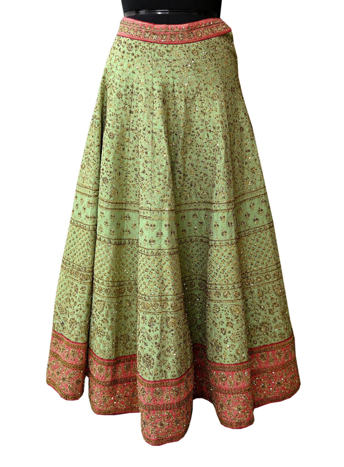 Indian Pre-owned Pink & Green Heavy Wedding Pure chhanderi Silk Hand Embroidered Lehenga/Skirt Designer By Abu Jani Zardozi Bridal Wear