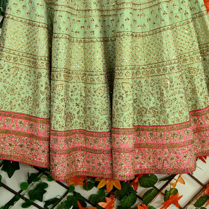 Indian Pre-owned Pink & Green Heavy Wedding Pure chhanderi Silk Hand Embroidered Lehenga/Skirt Designer By Abu Jani Zardozi Bridal Wear
