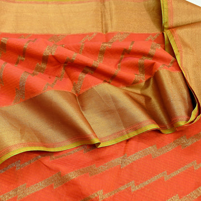Indian Vintage Sari Orange Chanderi Cotton Hand Woven Sarees 5Yd Craft Fabric Sewing Sarong Dress Making Quilting Crafting Zari Border