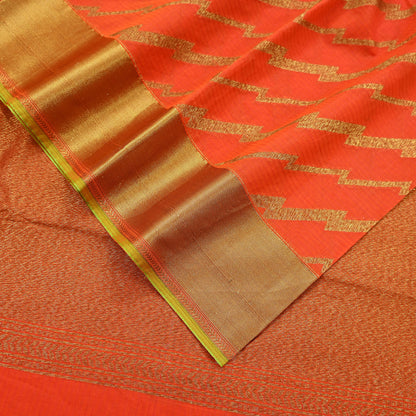Indian Vintage Sari Orange Chanderi Cotton Hand Woven Sarees 5Yd Craft Fabric Sewing Sarong Dress Making Quilting Crafting Zari Border