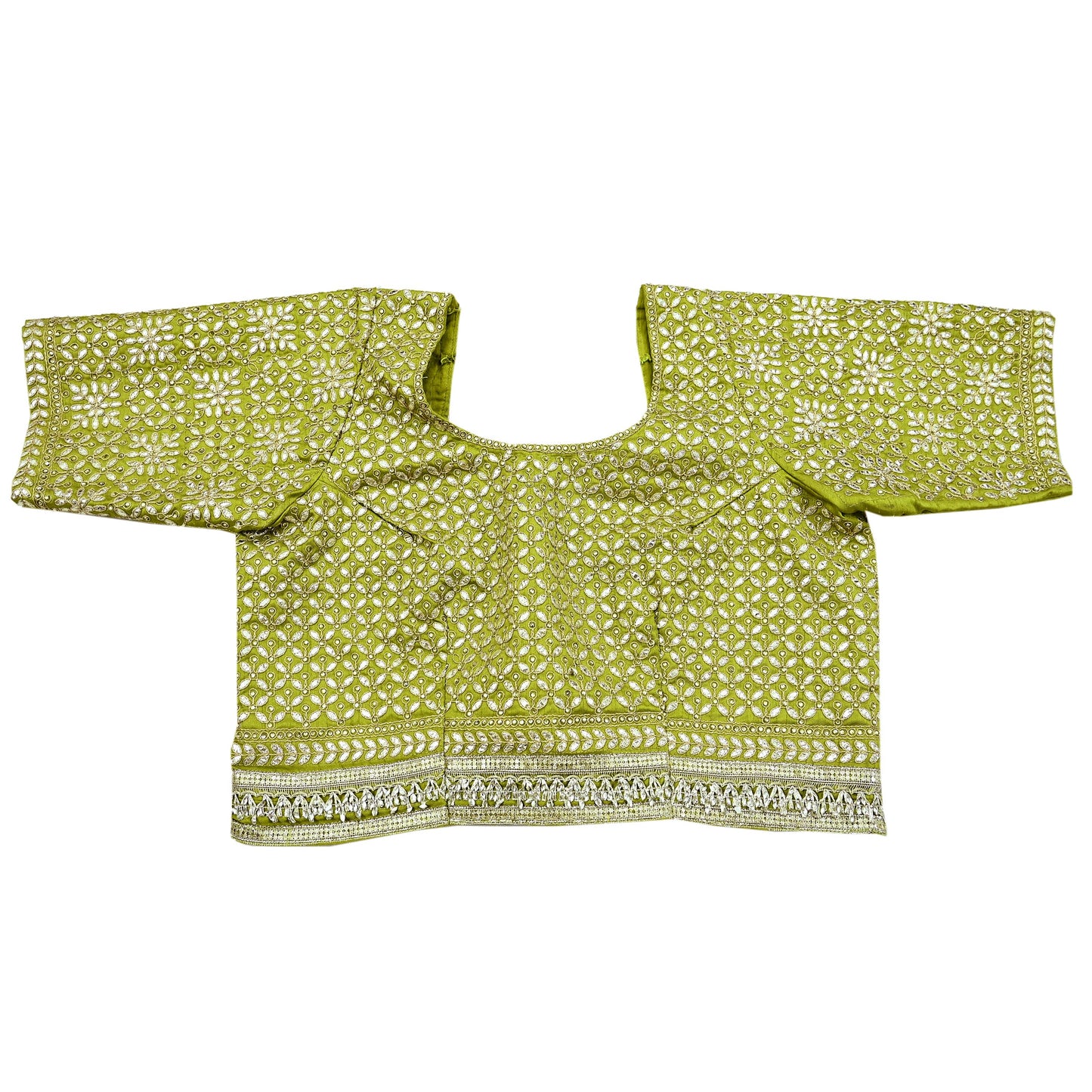 Indian Pre-owned Green Pure Chanderi Silk Hand Embroidered By Designer Abu Jani Blouse/Top/Crop 40L Size Party wear Bollywood