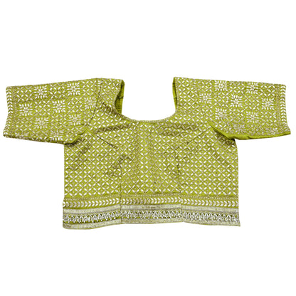 Indian Pre-owned Green Pure Chanderi Silk Hand Embroidered By Designer Abu Jani Blouse/Top/Crop 40L Size Party wear Bollywood