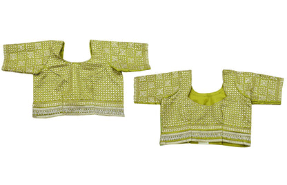 Indian Pre-owned Green Pure Chanderi Silk Hand Embroidered By Designer Abu Jani Blouse/Top/Crop 40L Size Party wear Bollywood