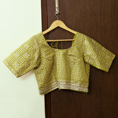 Indian Pre-owned Green Pure Chanderi Silk Hand Embroidered By Designer Abu Jani Blouse/Top/Crop 40L Size Party wear Bollywood