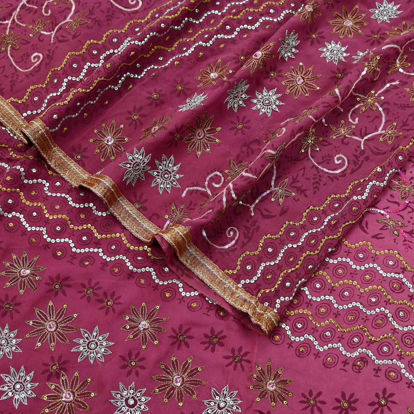 Indian Vintage Sari Pink Pure Georgette Silk Hand Embroidered Sarees Craft Fabric 6Yd Sewing Soft Ethnic Zardozi/Dabka,Zari Wedding Sarees
