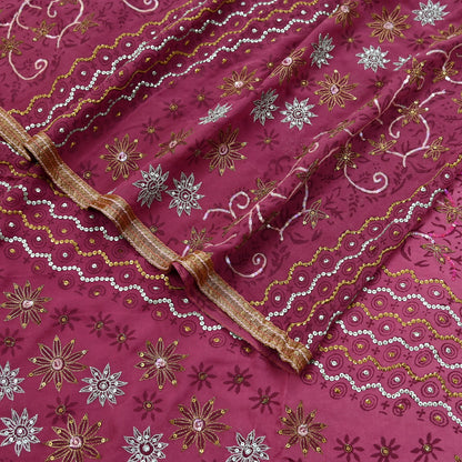 Indian Vintage Sari Pink Pure Georgette Silk Hand Embroidered Sarees Craft Fabric 6Yd Sewing Soft Ethnic Zardozi/Dabka,Zari Wedding Sarees