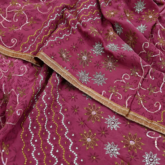 Indian Vintage Sari Pink Pure Georgette Silk Hand Embroidered Sarees Craft Fabric 6Yd Sewing Soft Ethnic Zardozi/Dabka,Zari Wedding Sarees