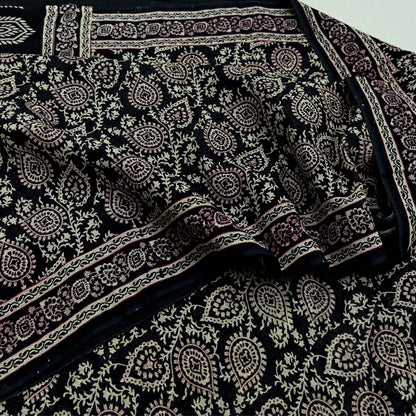 Indian Vintage Sari Black Printed 100% Pure Cotton Saree Craft Fabric 5Yard Sewing Sarong Wrap Boho Floral Dress Making Crafting Quilting