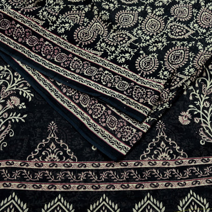 Indian Vintage Sari Black Printed 100% Pure Cotton Saree Craft Fabric 5Yard Sewing Sarong Wrap Boho Floral Dress Making Crafting Quilting
