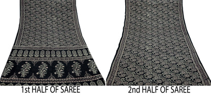 Indian Vintage Sari Black Printed 100% Pure Cotton Saree Craft Fabric 5Yard Sewing Sarong Wrap Boho Floral Dress Making Crafting Quilting