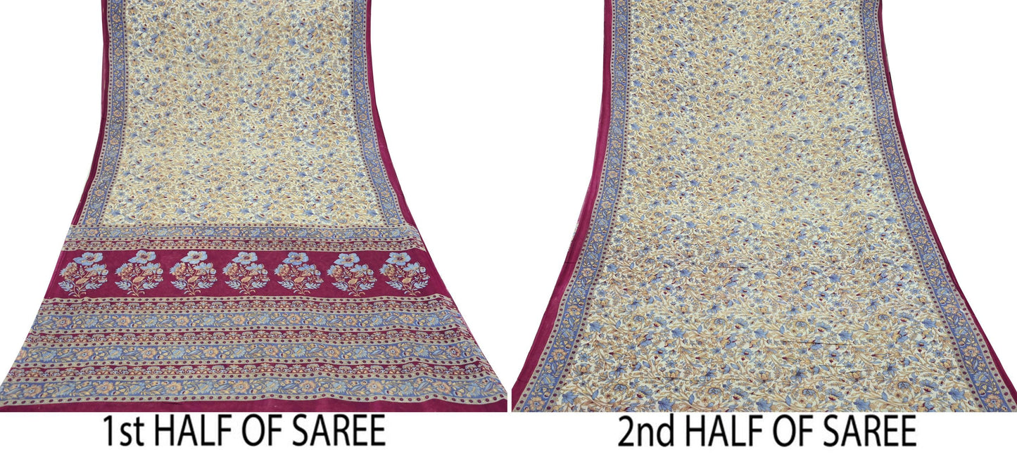 Indian Vintage Sari Ivory & Pink Printed Pure Cotton Saree Craft Fabric 5Yd Soft Sewing Sarong Wrap Boho Floral Dress making Crafting