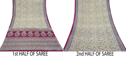 Indian Vintage Sari Ivory & Pink Printed Pure Cotton Saree Craft Fabric 5Yd Soft Sewing Sarong Wrap Boho Floral Dress making Crafting