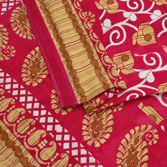 Indian Vintage Sari Pink Printed Pure Cotton Sarees 5Yd Craft Fabric Sewing Sarong Wrap Boho Upcycle quilting Dress making Crafting